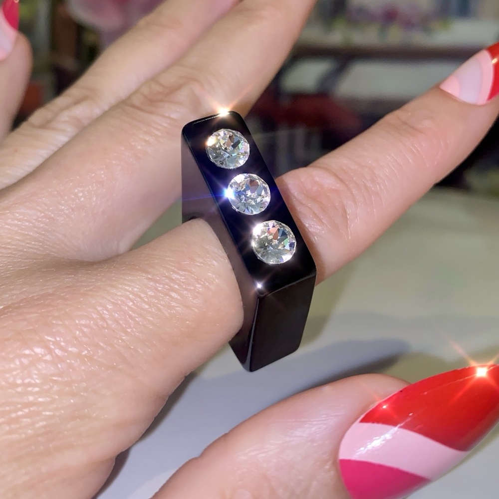 Black Acrylic Statement Ring Embellished With Genuine Crystals, Geometric Design